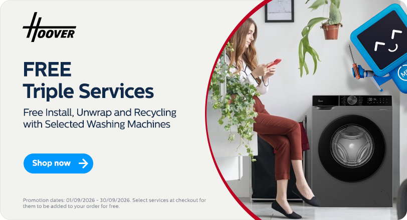 Free Triple Services (Install, Unwrap & Recycling) with selected Hoover Washing Machines